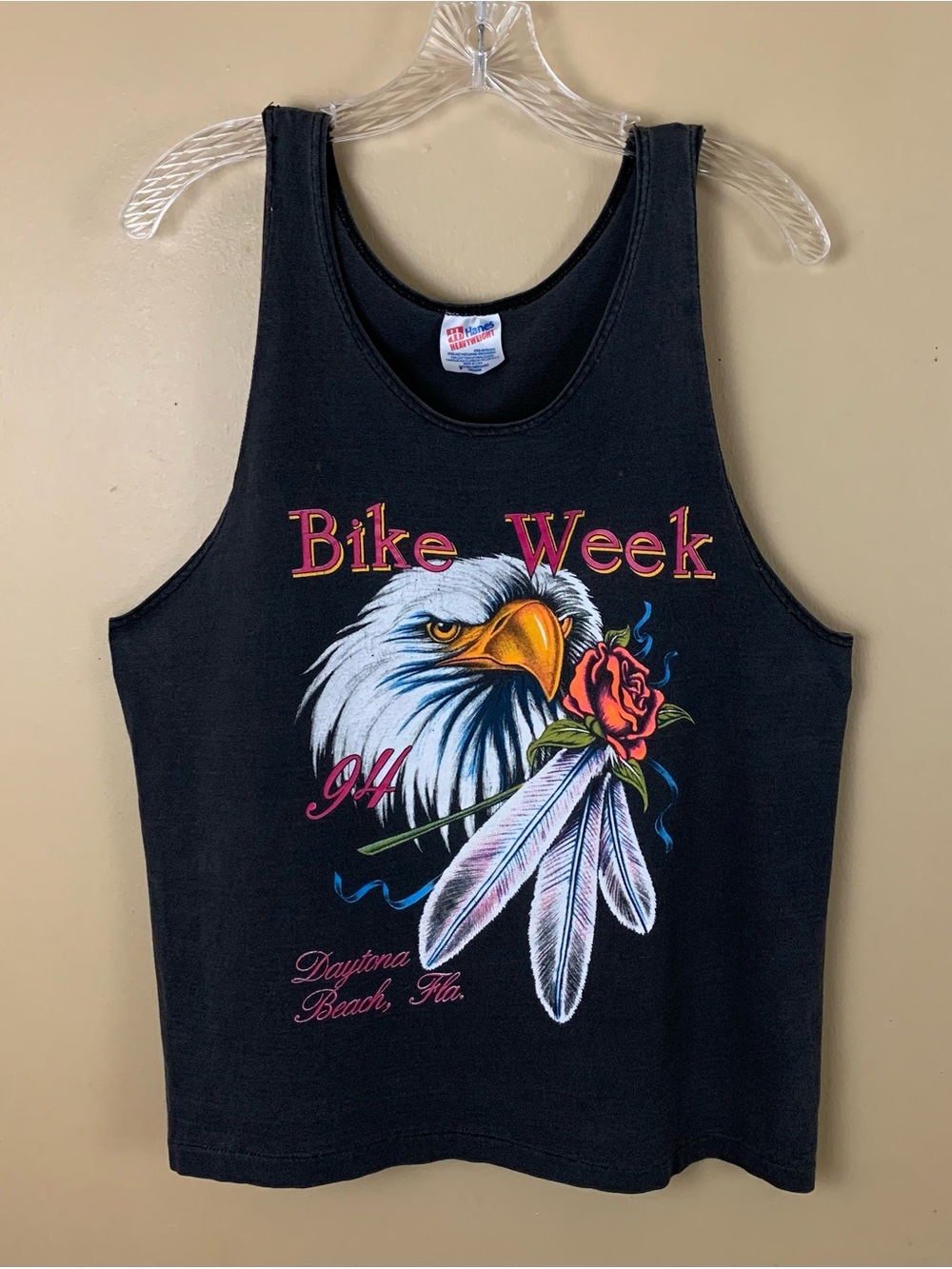 Vintage Hanes Bike Week 1994 Daytona Beach Eagle Tank Top Medium Faded Black USA